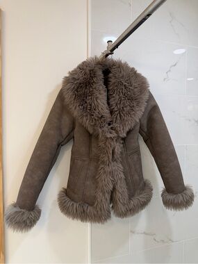 NWT Mango Suede Effect Gray Fur Jacket